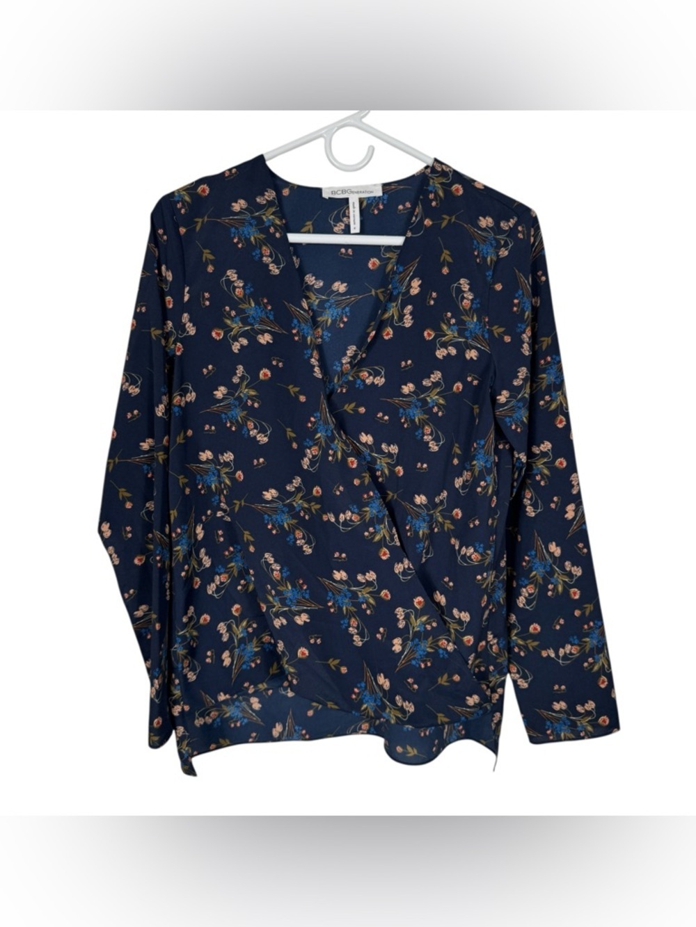 BCBGeneration Navy Floral Wrap Blouse Top, Size S